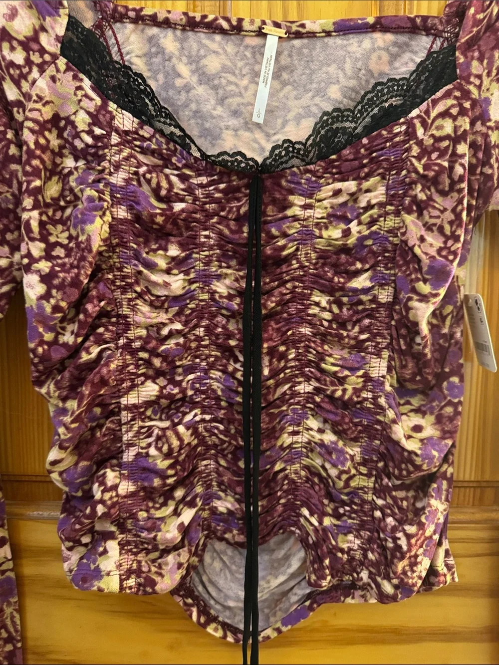 NWT Free People Purple Floral Lace-Trim Long Sleeve Women's Top